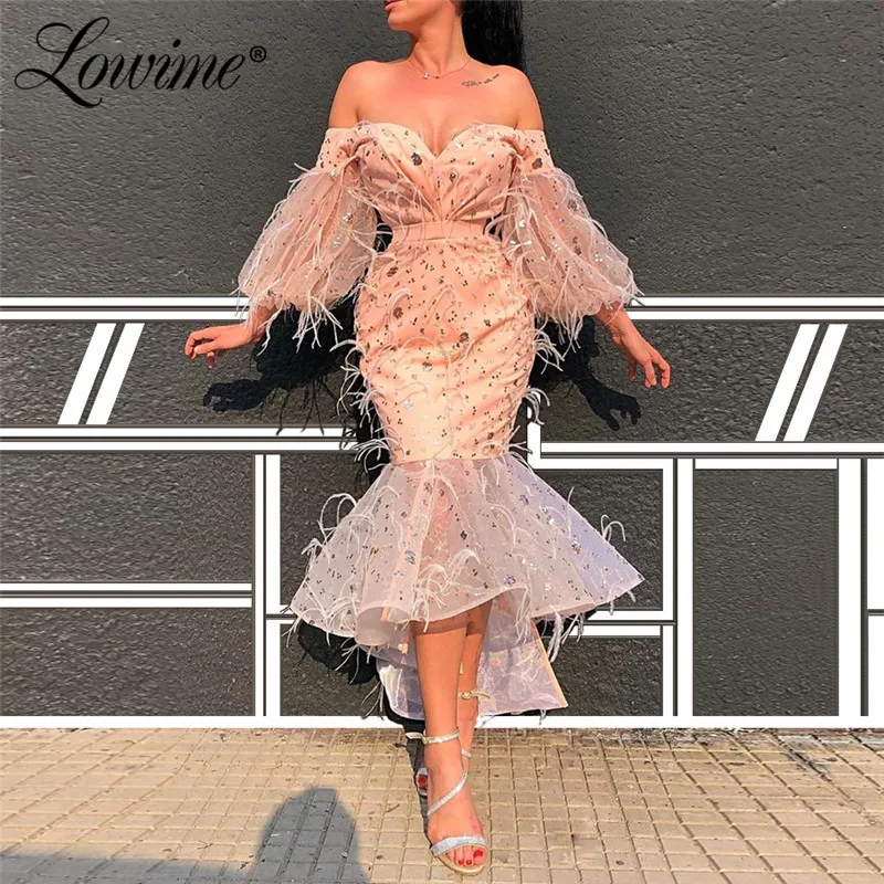 Платья для выпускного вечера с розовыми перьями; Robe De Soiree; вечерние платья длиной до середины икры в арабском Дубае; коллекция года; короткое вечернее платье «русалка»; праздничное платье Aibye