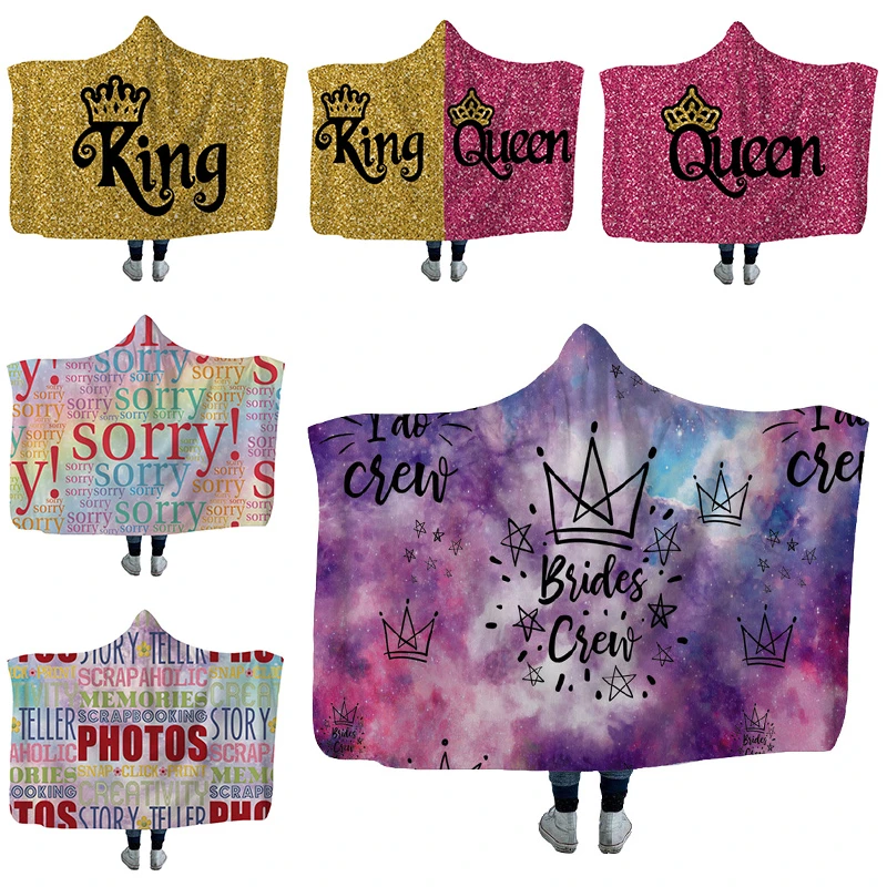 

Harajuku English Words Print Decorative Wearable Blanket Graffiti Series Warm Plush Hooded Blanket Adult Travel Office Blankets