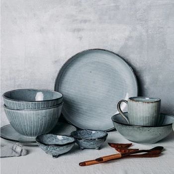 

Ceramic Plate Retro Stripe Japanese Western Steak Plate Household Kitchen Utensils Creative Romantic Dinner