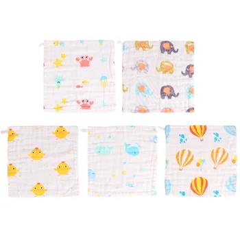 

5Pcs Baby 6 Layer Gauze Square Cotton Wrinkling Baby Drool Towel (Yellow Chicken + Colorful Elephant + Blue Whale + Hot Air Ball