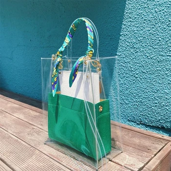 

3Pcs PVC Shopping Handbag Tote Shopper Handles Clear Transparent Scarf Large Capacity Flag Envelope Shoulder Bags 7Colors K12