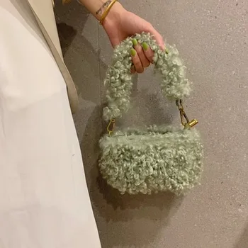 

Fashion Solid Color Wool Women Hand Bags Autumn Crossbody Bags For Women Clutch Wool Shoulder Bags Lamb Hair Chain Shoulder Bag