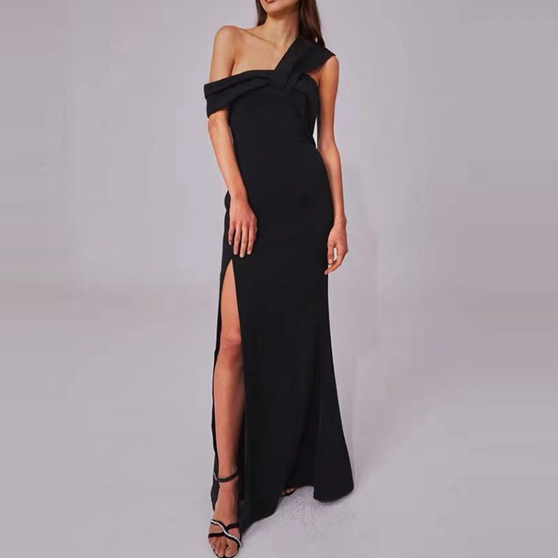 SeeBeautiful, новая мода, весна, простое, с вырезом лодочкой, без рукавов, на одно плечо, с разрезом, с открытой спиной, свободное платье для женщин Q701