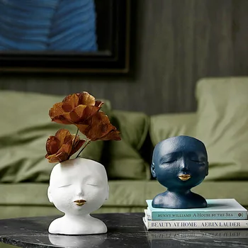 

Creative Morandi Avatar Desktop Ornament Decor Girl Blue Beast Face Sculpture Flower Pot White Resin Vase Decor Home Room Layout