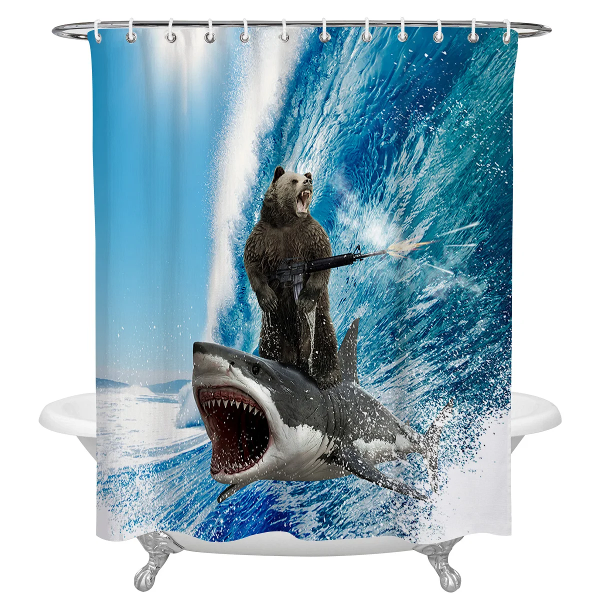 Funny Bear Shark Machine Gun Wave Waterproof Fabric Shower Curtain for Bathtub Showers Polyester Bathroom Accessories | Дом и сад