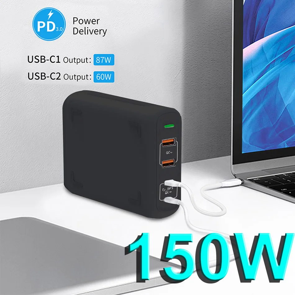 

URVNS GaN USB-C Charger, 150W 4-Port Type-C Charging Station with Power Delivery, PD 100W Fast Adapter for MacBook Pro iPhone Xs