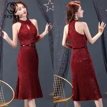 Это Yiiya Porm платья Бургундия без рукавов женские вечерние платья K108 Элегантные Холтер длиной до колена платья Русалка Vestido De Fiesta