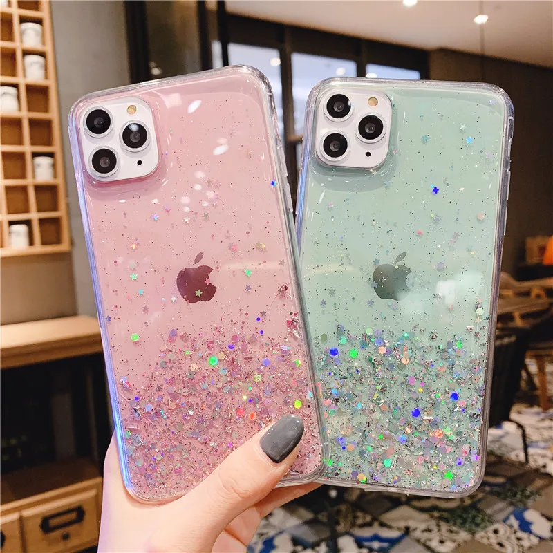 

SUYACS Gradient Glitter Gold Foil Phone Case For iPhone 11 Pro Max XS Max XR X 7 8 6 6S Plus Transparent Epoxy Soft Back Cover