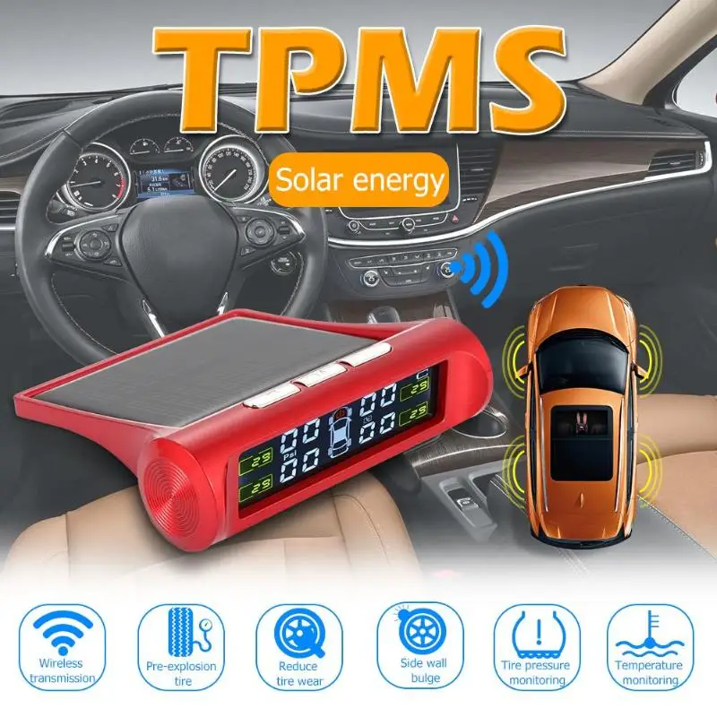 Беспроводной ЖК-дисплей автомобиля TPMS солнечной энергии авто шин давление мониторинг температуры сигнализации с 4 внутренними/внешними датчиками Красный