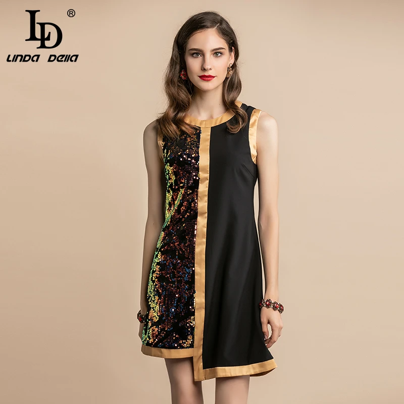 

LD LINDA DELLA 2019 Fashion Runway Summer Dress Women's Sleeveless Multicolor Sequined Patchwork Asymmetrical Short Dresses