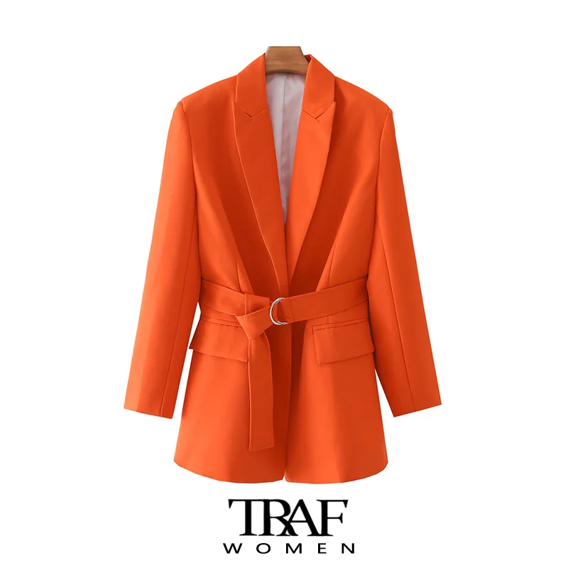 TRAF Blazer Ouvert pour Femme, Vintage, Manches Longues et avec Ceinture et Poches à Rabat, Chic, d'Extérieur