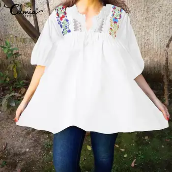 

Summer Tops 2020 Celmia Women's Lace Blouses Bohemian Printed Casual Loose Pleated Shirts Plus Size V-neck Blusas Femininas 5XL