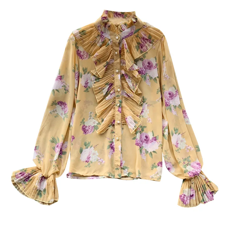 Neploe, женская шифоновая блузка, плиссированная, с оборками, из кусков, Blusas, топ, новинка, Корейская, расклешенная, с длинным рукавом, с цветочным принтом, рубашка 55846