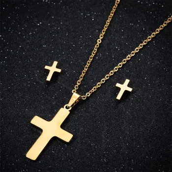 

SMJEL Minimalist Cross Necklace Women Jewelry Set Stainless Steel Punk Cross Earring Necklace Couple Gold Choker Set 2020 New
