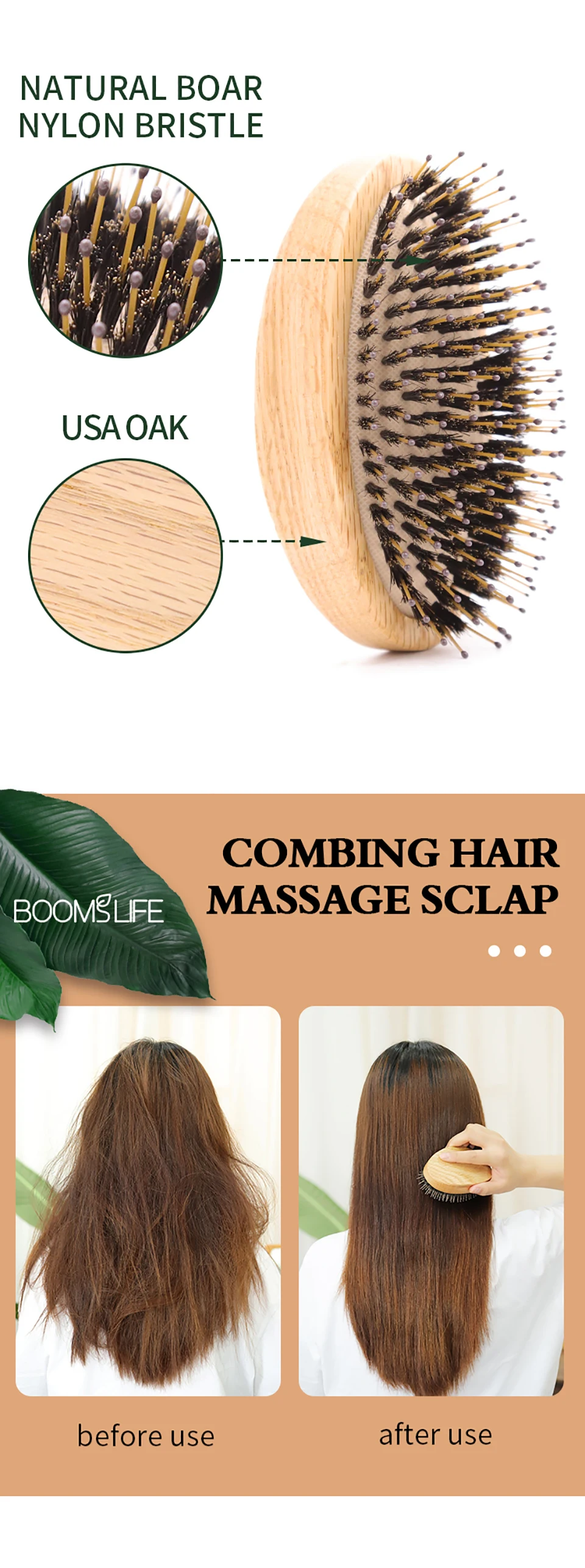 USA Eiche Holz Haar Pinsel Weiche Wildschwein Borsten Nylon Nadel Holz Haar Airbag Pinsel Kopfhaut Massage Holz Pinsel und Kamm ohne Griff – Detail 8