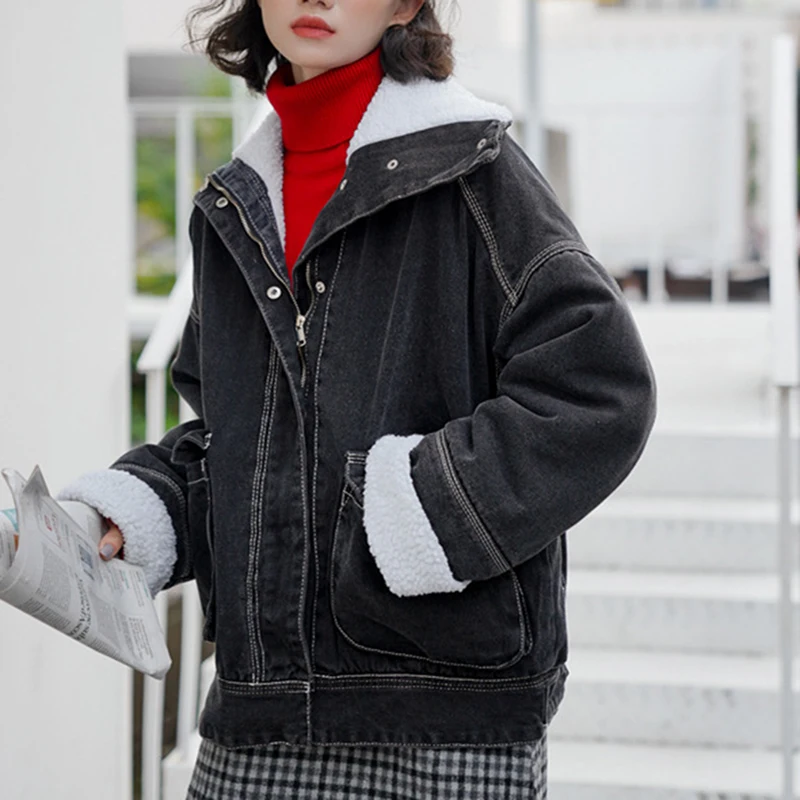 Winter Denim Jacket Coat Women New Korean Trendy Coat Wild Loose Casual Elegant Warm Lamb Wool Coat Party Gift High Quality
