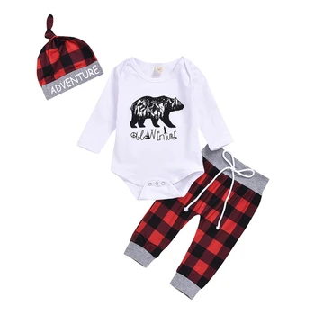 

Autumn Baby Boy Girl Clothes Long Sleeve Cartoon Romper Tops Plaid Trousers Hat Outfits Clothes