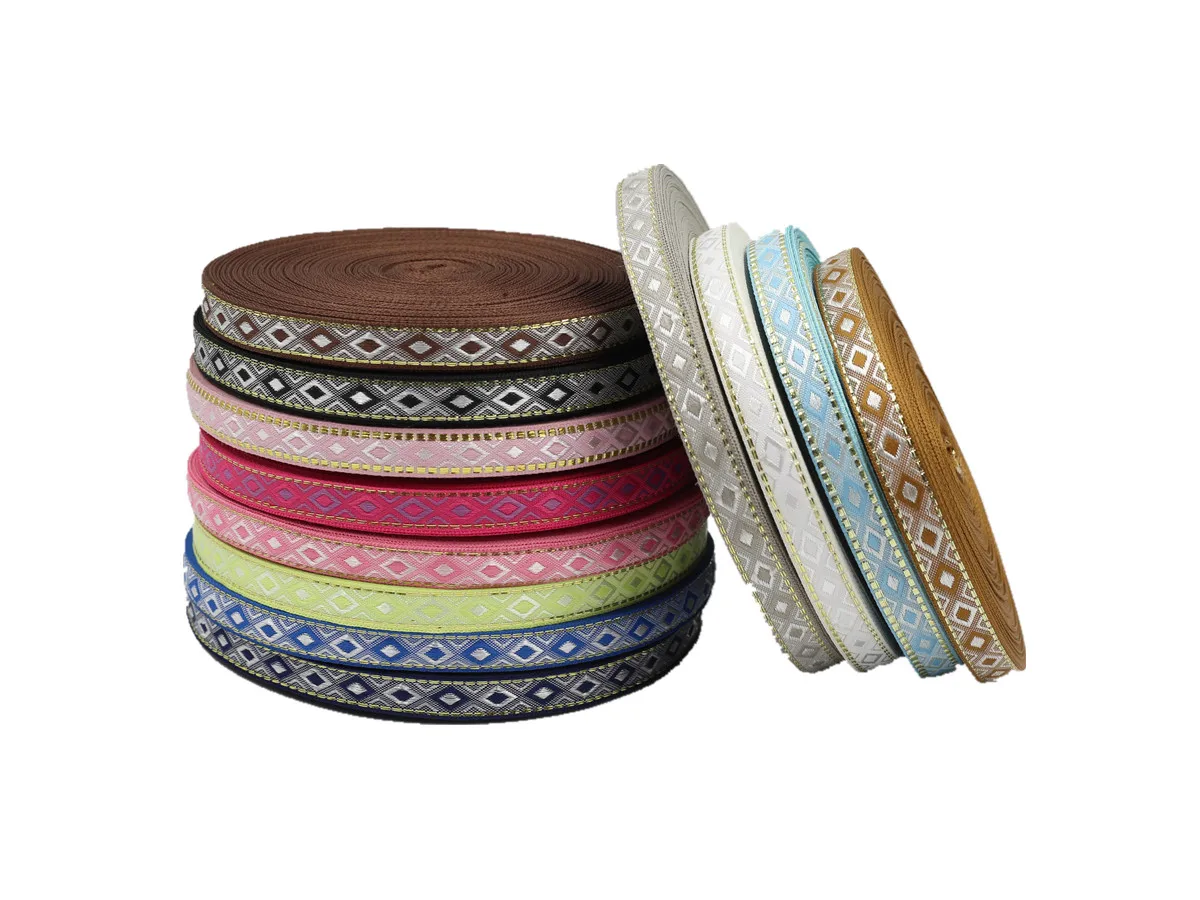 12MM 5 Yards Cannetille Geometric Rhombus Woven Jacquard Ribbon Lace Trim Decoration For Pet Collars Clothing ribbon decoration,ribbon supplies,lace trim ribbon