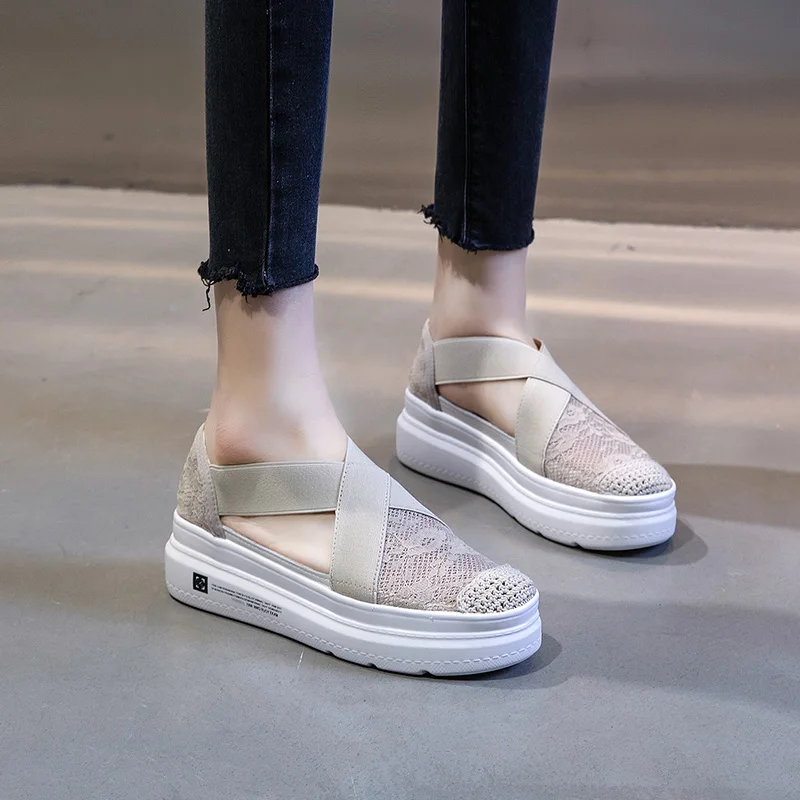 

JUNSRM Woman SANDALS FASHION LACE LADY SHOES ELASTIC WOMEN SHOES CASUAL SHOES CEMENT SANDAL FEMALE FOOTWEAR Femme Shoe Sneakers