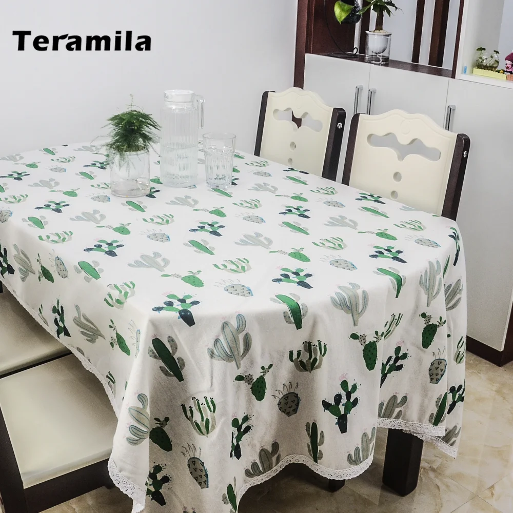 Teramila Rectangular Square Dining Tablecloth Cactus Design Thick Table Cover Lace Side Cloth For Party Wedding Mantel Kitchen