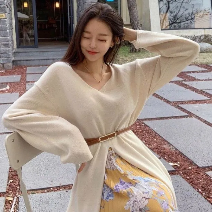 

Casual Split V-neck Knitted Pullovers Long Tops Female Autumn Women Vintage Winter Loose Long Sweater vs338