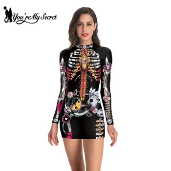 

[You're My Secret] 2020 Vintage Steampunk Women Dresses Fashion Skeleton Skull Clothes Women's Gown Long Sleeve Short Dress