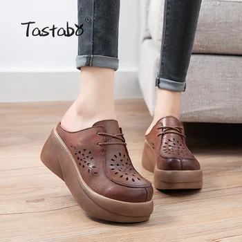 

Tastabo Genuine Leather Women's slippers Wild platform shoes Brown Apricot S2616 Casual style Hollow upper Daily shoes light