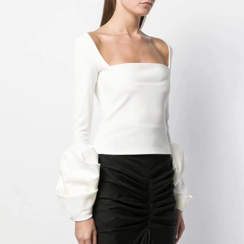 Ceny TWOTWINSTYLE Casual wąskie koszulki dla kobiet kwadratowy kołnierzyk latarnia z długim rękawem elegancka jesień T Shirt kobieta modna odzież nowość