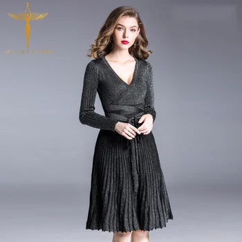 

Shiny Dress Knitted Bright Pleated Women Dress Office Lady Slim High Waist Sequins Dresses Women Patchwork Sashes Knitted Dress