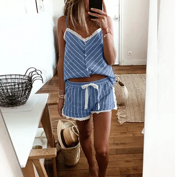 

2020 Women's Summer Comfortable Breathable Striped V-collar Ladies' 2 Piece Pyjamas Set Loungewear Homewear