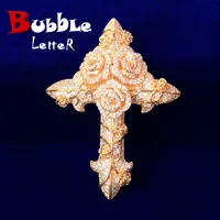 No Chain Cross Flower Necklaces & Pendant Gold Color Plated Bling Cubic Zircon Men's Hip Hop Jewelry 1
