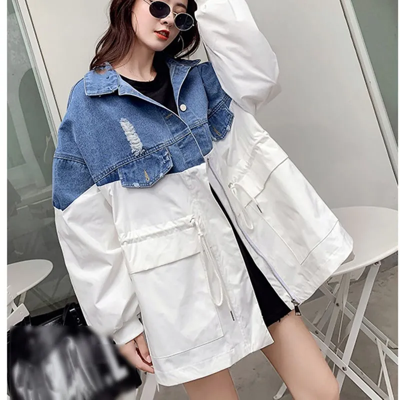 

Women Spring Autumn Fake Two Piece Patchwork Denim Jacket Coat Pockets Korean Oversized Bat Sleeved Loose Jacket Outwear