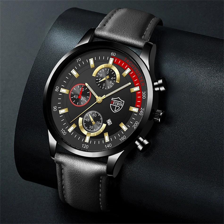 Luxury Mens Leather Watches Stainless Steel Fashion Calendar Quartz Wrist Watch Leather Bracelet Male Business Luminous Clock