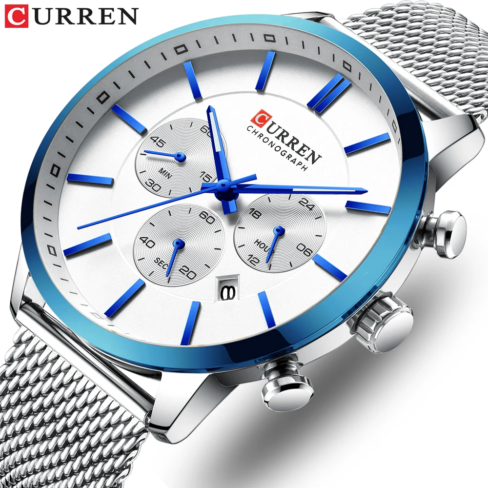 

CURREN Watch Men Fashion Casual Waterproof Quartz Wristwatch Top Luxury Brand Blue White Date Chronograph Stainless Steel Clock