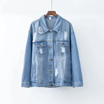 

Yocalor Vintage Hole Denim Loose Coat Autumn Long Sleeve Jeans Jacket Female Women Chaqueta Mujer Streetwear Ceket Boyfriend Za