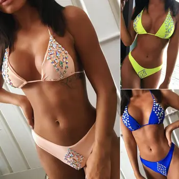 

New In Fashion Sexy Women Sleeveless Two Piece Pearls Solid Bikini Sets Padded Thong Bottoms Triangle Swimwear Swimsuit
