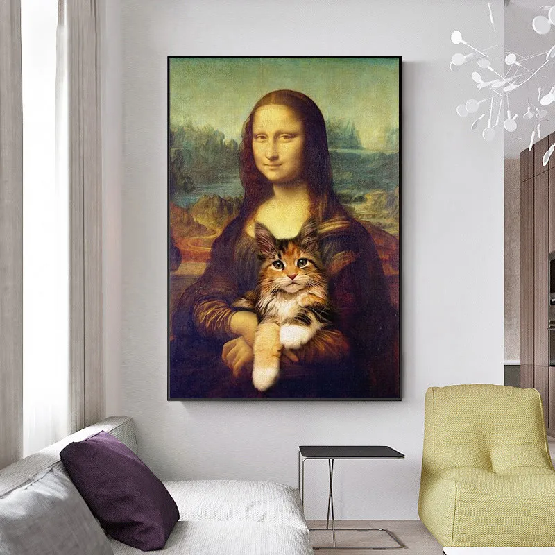 Mona Lisa Holding the Cat Funny Art Canvas Paintings On Wall Posters And Prints Da Vinci Famous Pictures Cuadros | Дом и сад