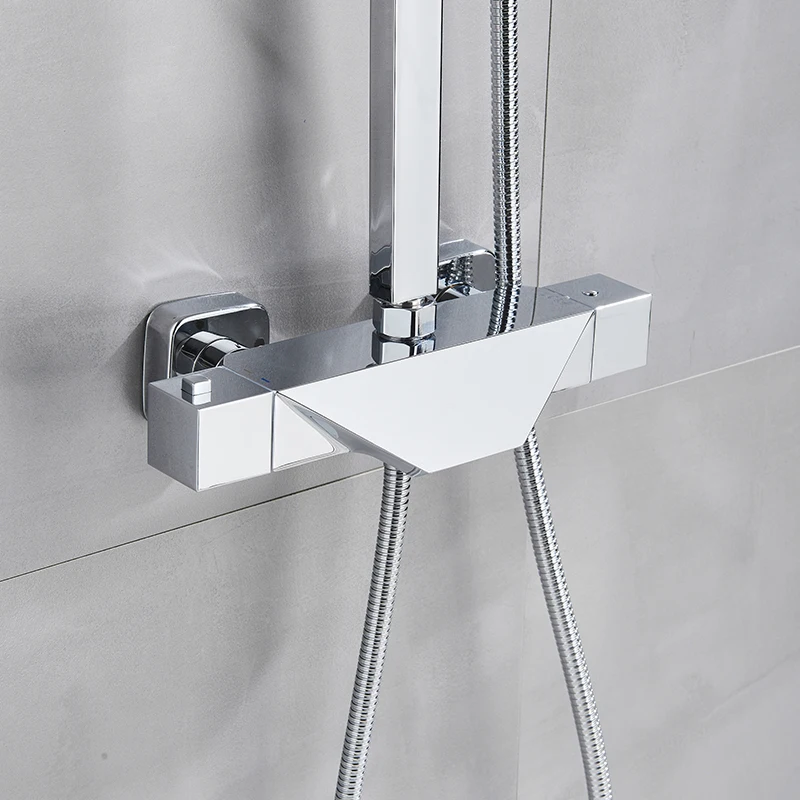 Black Thermostatic Bathroom Shower Faucet Set Rainfall 8 inch Shower Head High Quality Shower Crane Brass tub spout Mixer Taps