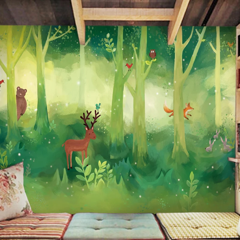 

Free Shipping Cartoon wallpaper green forest children's room wallpaper non woven background wall of kindergarten wall painting