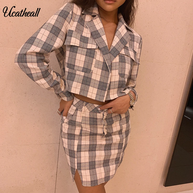 

Plaid Women Two Piece Outfits Skirt And Jacket Set Autumn Fashion Two Piece Plaid Skirt Suit Set Blazer Coats Matching Sets