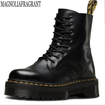 

new Flat Platform Boots Women Shoes Autumn Winter Fur Fashion Round Toe Lace-up Leather Boots Ladies Shoes Woman boots y671