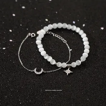 

S925 Fine Silver Moon Double Layer Bracelets Simple Opal Stars Bracelets Fashion and Personality Moon Hand Jewelry