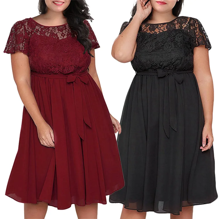 

2020Plus Size Stitching Short-sleeved Lace Dress With Elastic Waistband Can Adjust Chiffon Solid Color Commute Temperament Dress