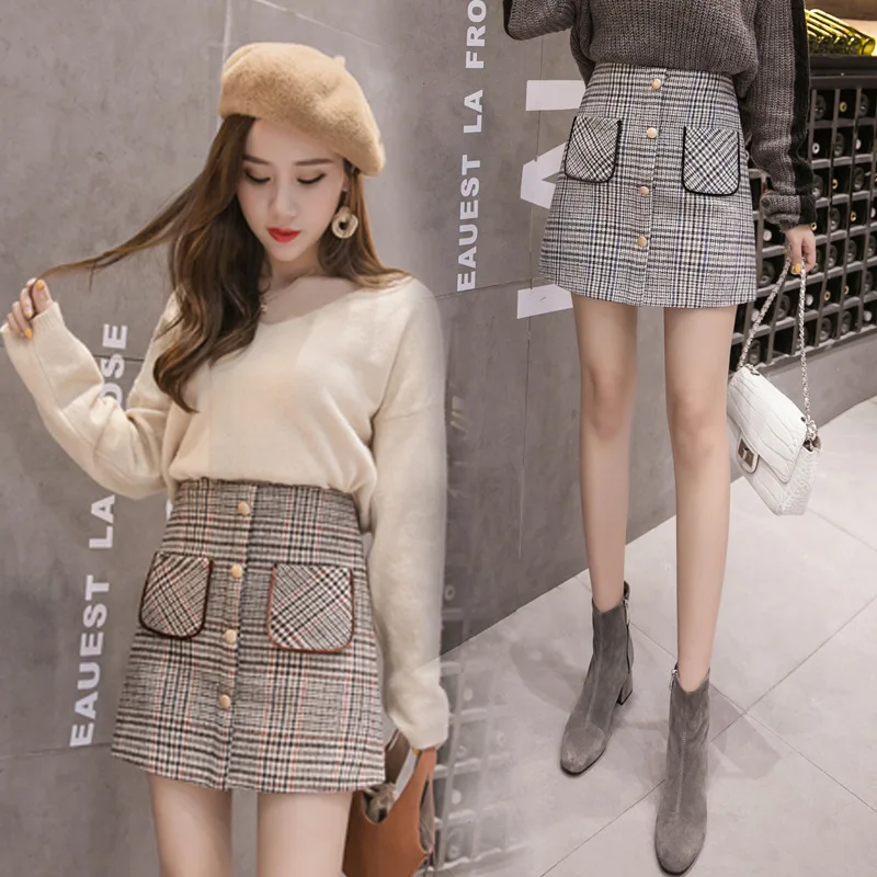 

Sheath Step Woolen A- line Skirt Autumn And Winter Women's High-waisted Pocket Plaid Skirt Short Skirt CHIC