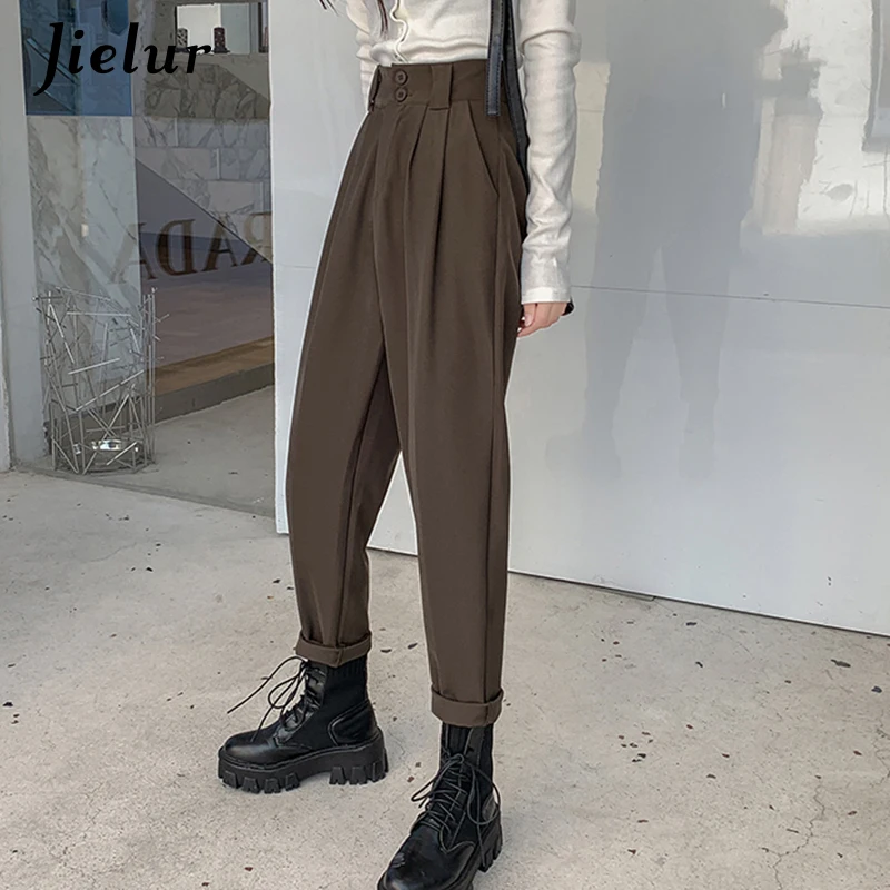 Jielur Fashion Suit Women Pants High Waist Cargo Pants for Woman Boyfriends Casual Cool Black Khaki Trousers Hipster S-XL Zipper