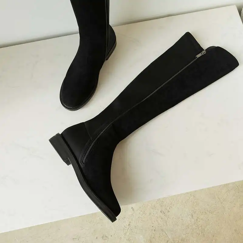 Krazing pot/высококачественные сапоги из флока на низком каблуке с молнией и круглым носком; большие размеры 43-42; сохраняющие тепло высокие сапоги до бедра; l26