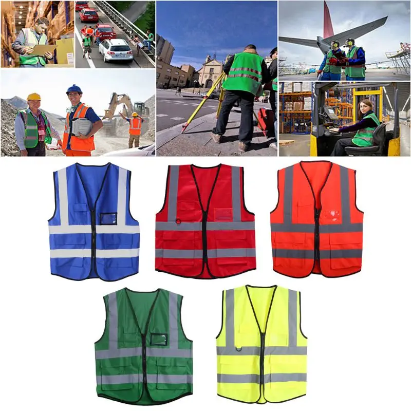 

Hi-Vis Safety Vest With Zipper Reflective Jacket Security Waistcoat 5 Pockets