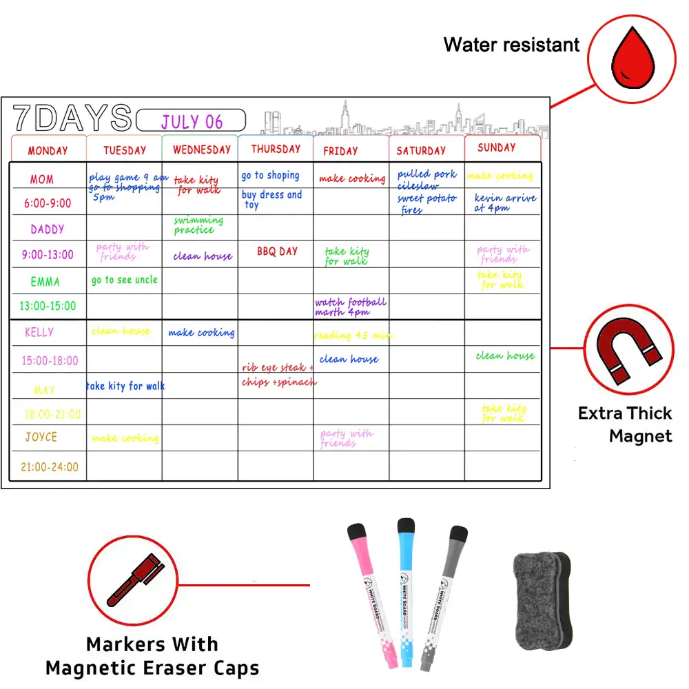 Magnetic Weekly Planner Size A3 Noticeboard Fridge Whiteboard Dry Erase 3 Pens