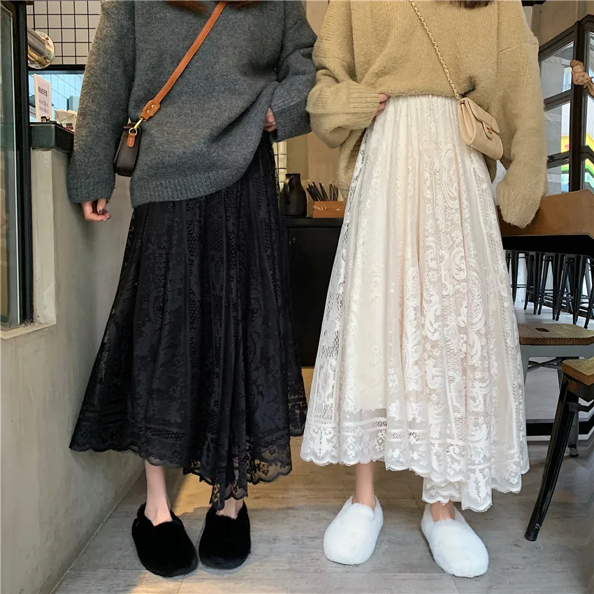 2021 New Korean Elegant Casual A-line Black Long Skirt Female Alien Kitty Elastic High Waist Lace Skirts Womens Spring Autumn denim skirt