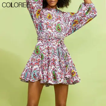 

Boho Floral Printed Woman Dress 2020 Autumn Vacation Bohemian O-neck Long Sleeve Ruffles Mini Dress Female